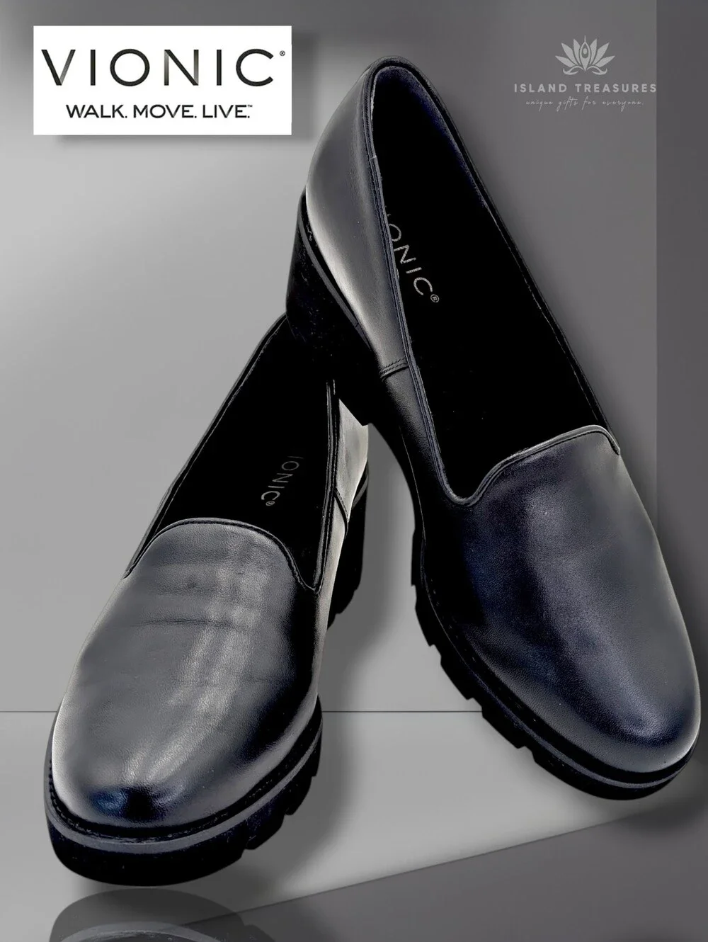 Vionic Willa Size 9 Genuine Smooth Black Leather Slip-On Moc-Toe Wedge Loafers